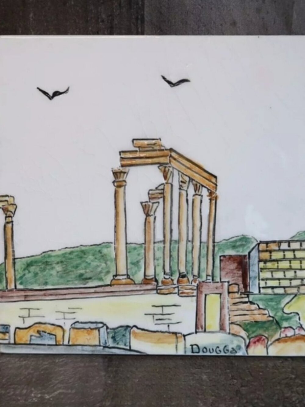 F.R.F. Ceramic Tile Dougga Tunisia Ruins Africa Hand Painted Trivet Roman